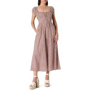 NWT The Drop Melody Cap Sleeve Maxi Dress Brandy Gingham Brown Plaid Boutique